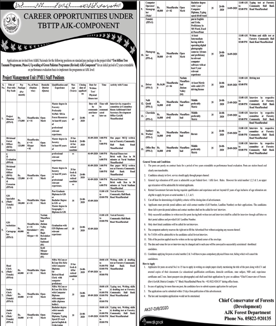 Forest Department AJK Jobs August 2020 Ten Billion Tree Tsunami Program TBTTP Latest