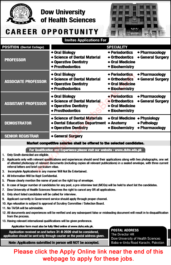 Dow University of Health Sciences Karachi Jobs August 2020 DUHS Apply Online Latest