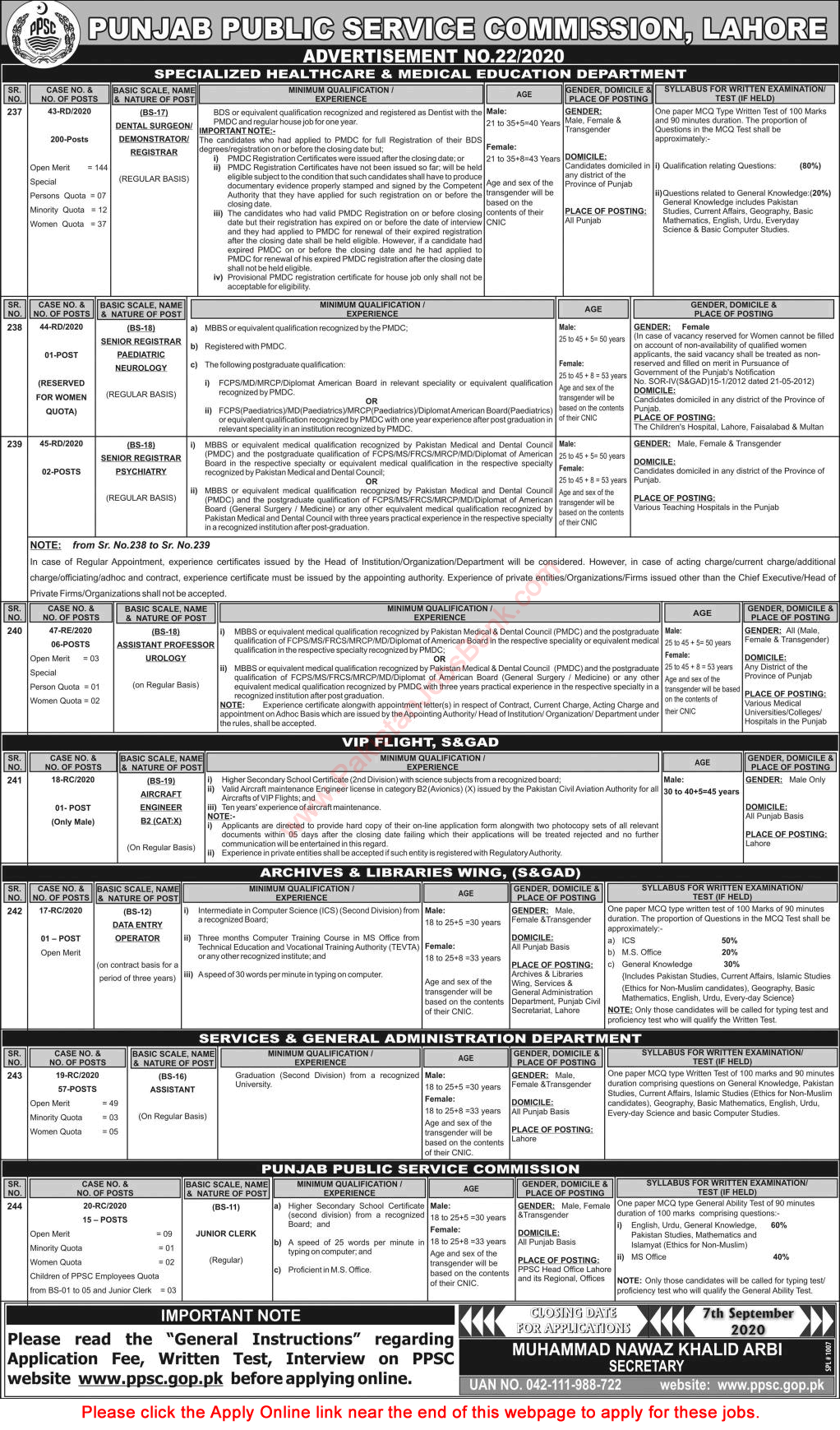 PPSC Jobs August 2020 Apply Online Consolidated Advertisement No 22/2020 Latest
