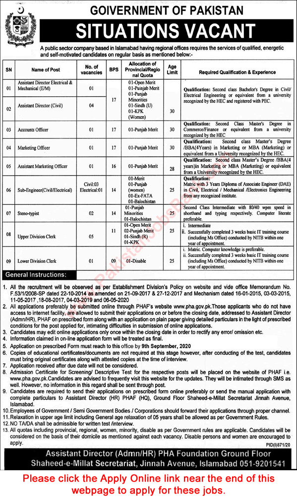 PHA Foundation Jobs August 2020 Islamabad Apply Online Pakistan Housing Authority Latest