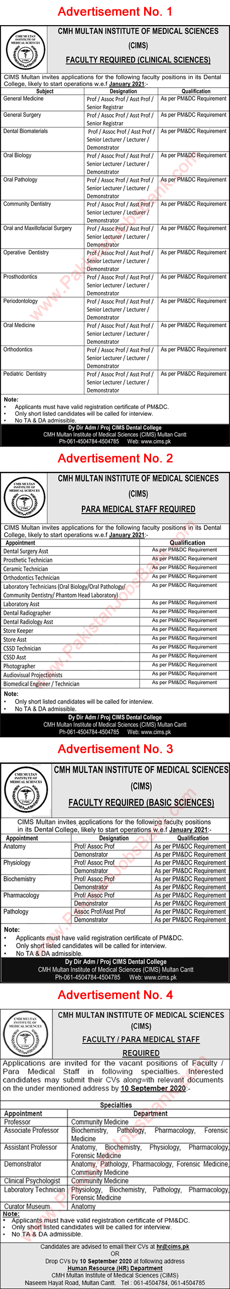 CMH Multan Institute of Medical Sciences Jobs August 2020 CIMS Latest