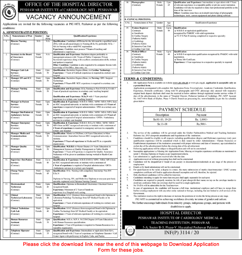 Peshawar Institute of Cardiology Jobs August 2020 PIC MTI Application Form Latest