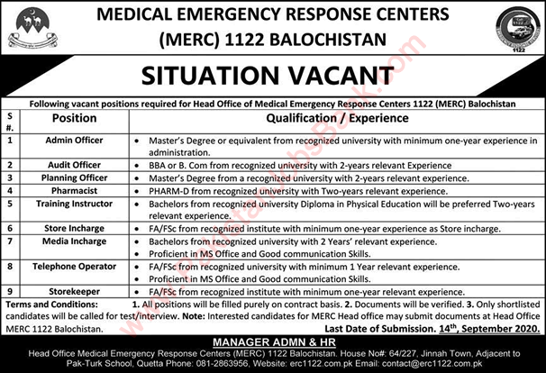 Rescue 1122 Balochistan Jobs 2020 August / September Medical Emergency Response Centers MERC Latest
