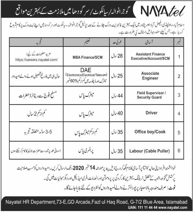 Nayatel Jobs August 2020 September Punjab Associate Engineers, Labours & Others Latest