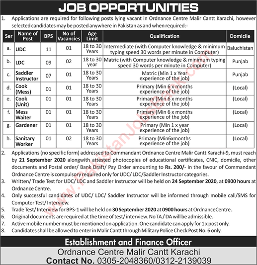 Ordnance Centre Malir Cantt Karachi Jobs 2020 September Pakistan Army Latest