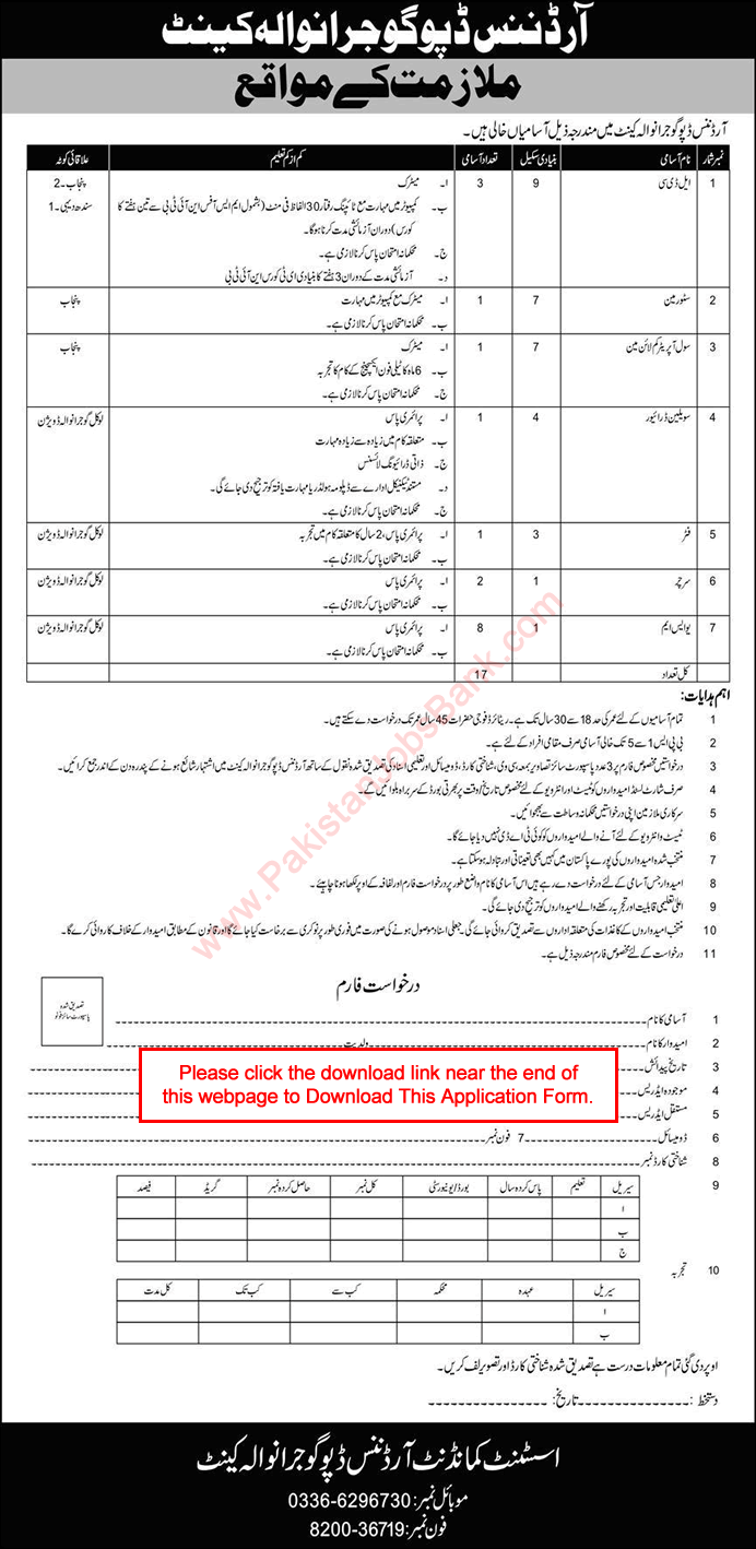 Ordnance Depot Gujranwala Jobs 2020 September Application Form Latest