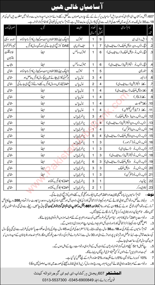 607 Regional Workshop EME Gujranwala Jobs 2020 September Pak Army Latest