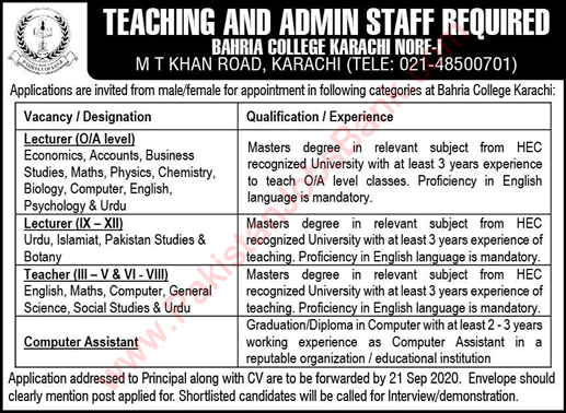 Bahria College Karachi Jobs September 2020 Lecturers, Teachers & Computer Assistant Latest