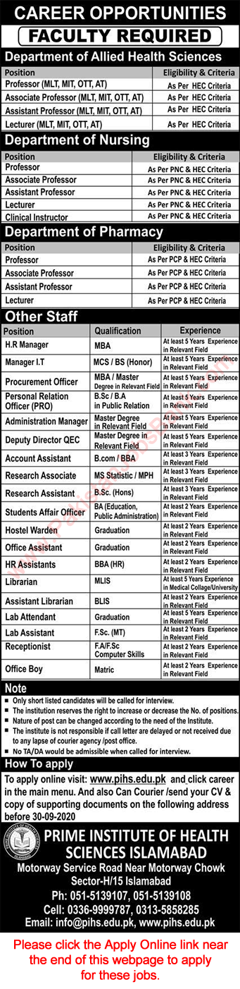 Prime Institute of Health Sciences Islamabad Jobs September 2020 PIHS Apply Online Latest