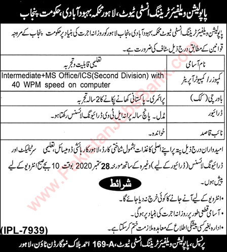 Population Welfare Training Institute Lahore Jobs September 2020 Latest