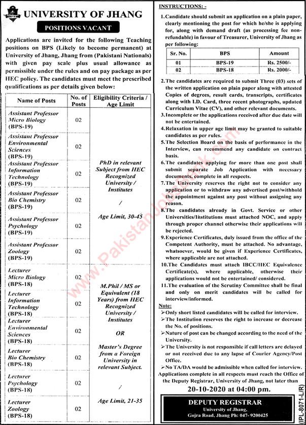 University of Jhang Jobs September 2020 Teaching Faculty Latest