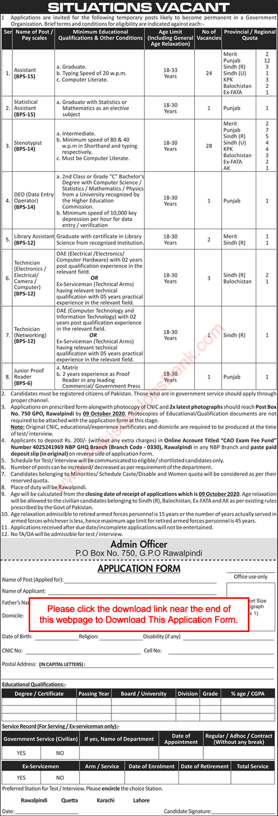PO Box 750 GPO Rawalpindi Jobs September 2020 Application Form Civilians in GHQ Pakistan Army Latest