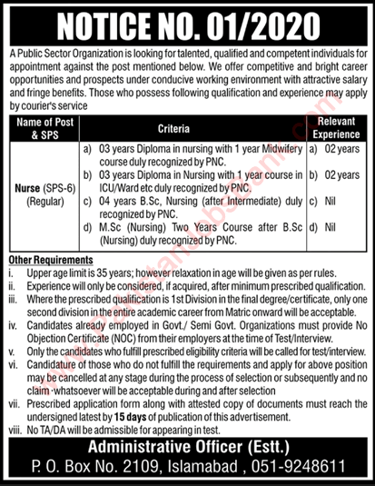 Nurse Jobs in Islamabad September 2020 PO Box 2109 PAEC Latest