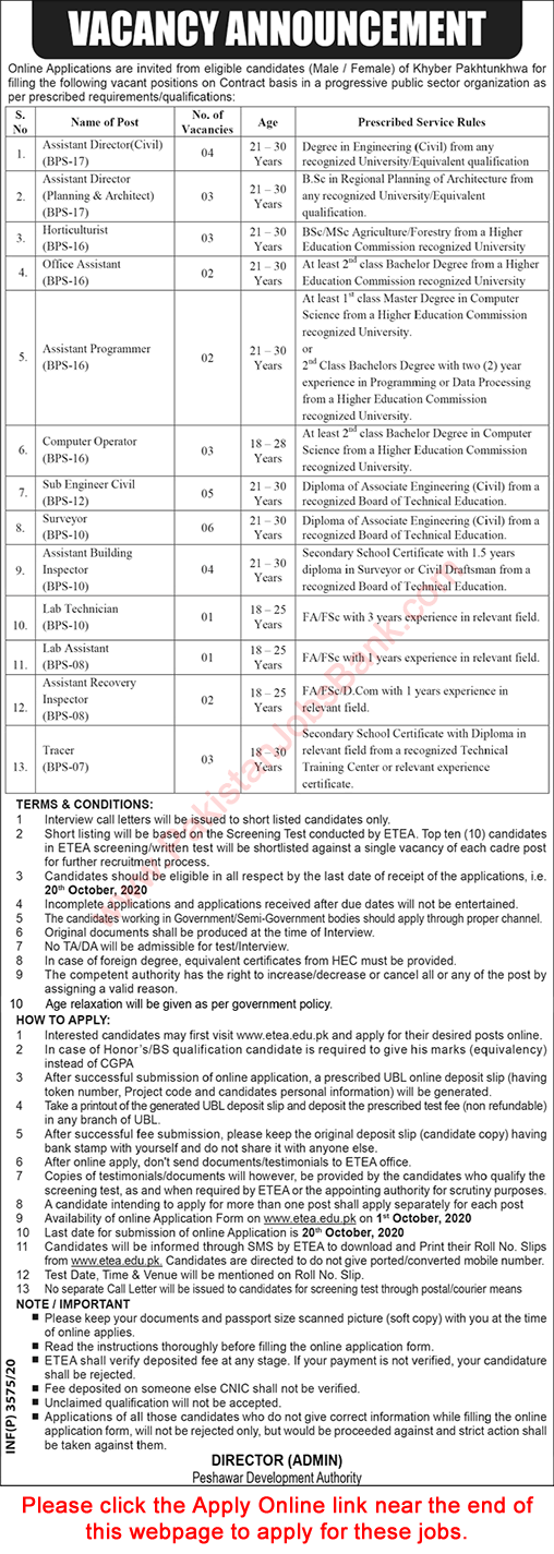 Peshawar Development Authority Jobs 2020 September PDA ETEA Apply Online Latest