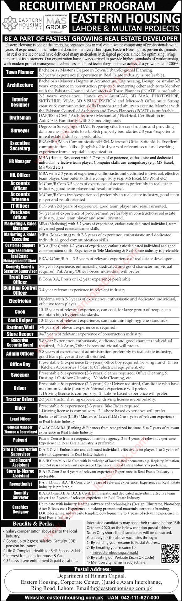 Eastern Housing Jobs 2020 September Lahore / Multan Latest