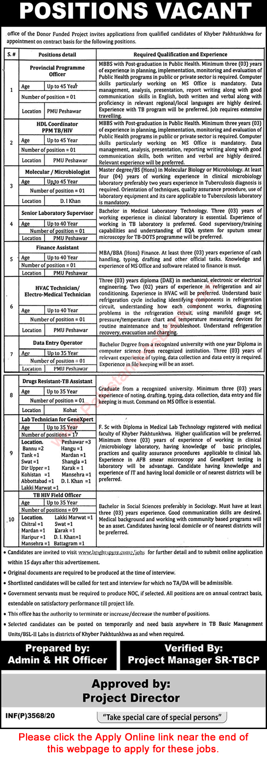 TB Control Programme KPK Jobs 2020 September / October Apply Online TBCP Donor Funded Project Latest