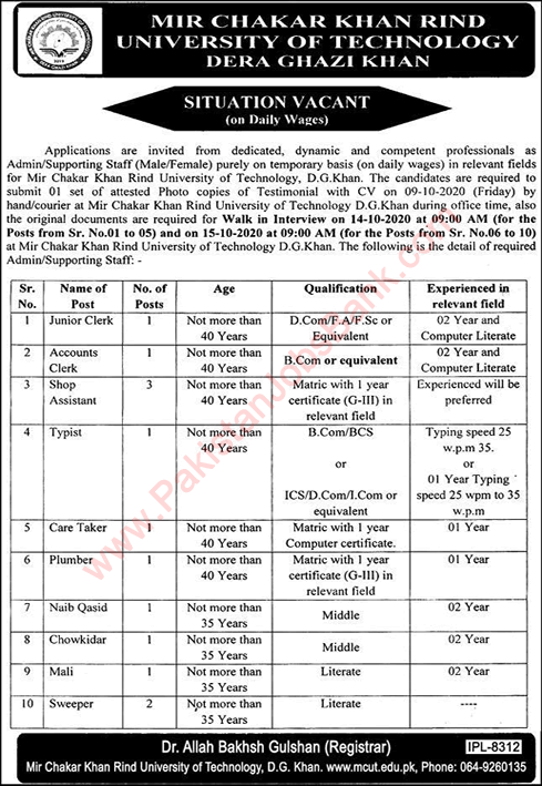 Mir Chakar Khan Rind University DG Khan Jobs 2020 September Walk In Interviews Latest