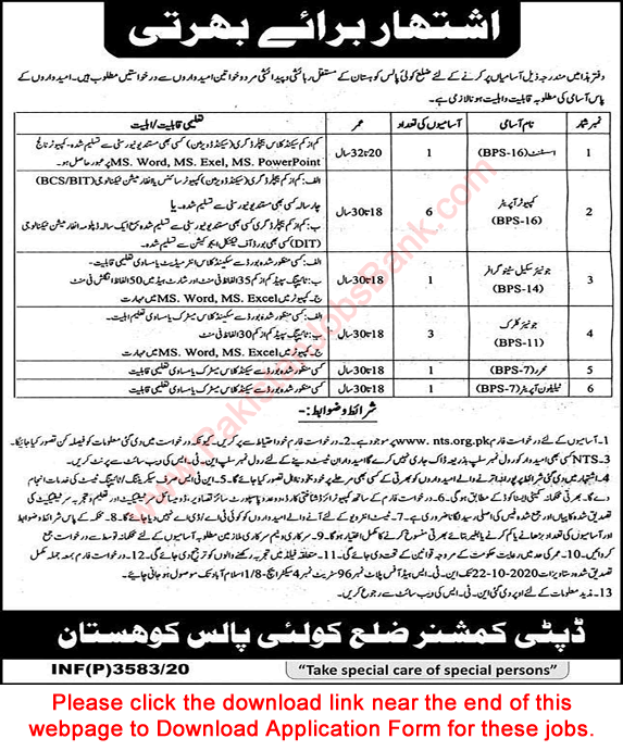 Deputy Commissioner Office Kolai Palas Jobs 2020 October Kohistan NTS Application Form Computer Operators, Clerks & Others Latest