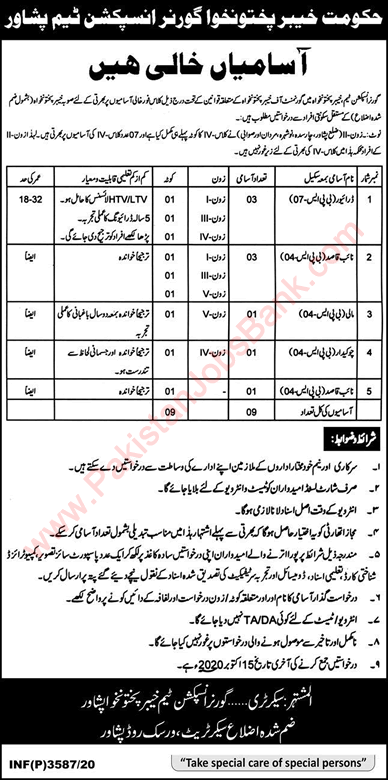 Governor Inspection Team KPK Jobs 2020 October Naib Qasid, Drivers & Others Latest