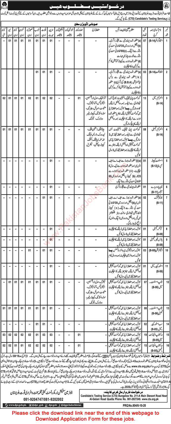 Directorate of Manpower Training Balochistan Jobs 2020 October CTS Application Form Workshop Attendants & Others Latest