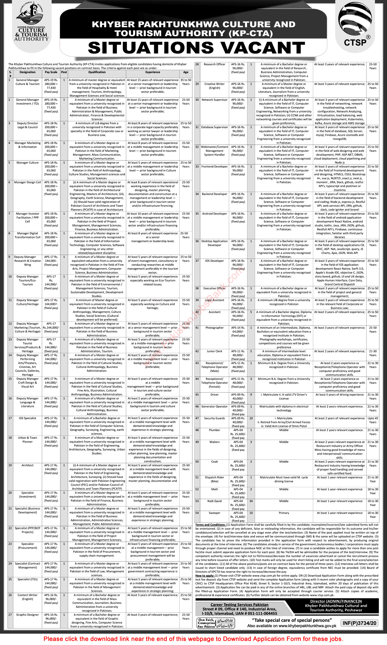 Culture and Tourism Authority KPK Jobs 2020 October CTSP Application Form Naib Qasid, Chowkidar & Others Latest