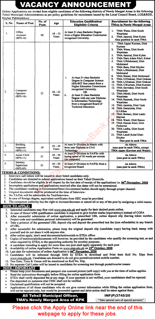 Tehsil Municipal Administration KPK Jobs 2020 October Apply Online Computer Operators, Clerks & Others Latest