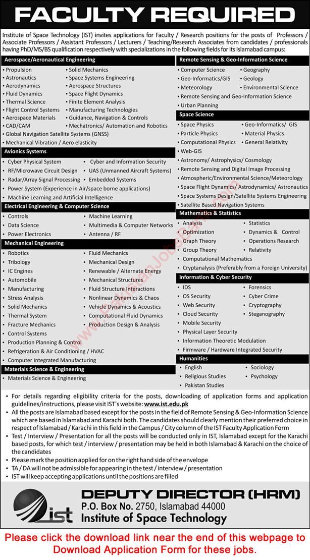 IST Islamabad Jobs October 2020 Application Form Teaching Faculty & Research Associates Institute of Space Technology Latest
