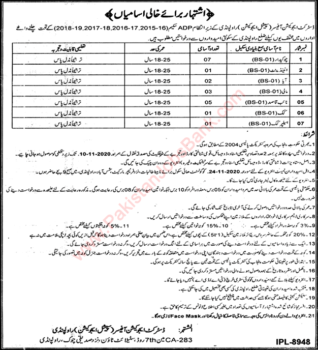 Education Department Rawalpindi Jobs October 2020 Chowkidar & Others District Education Authority Latest