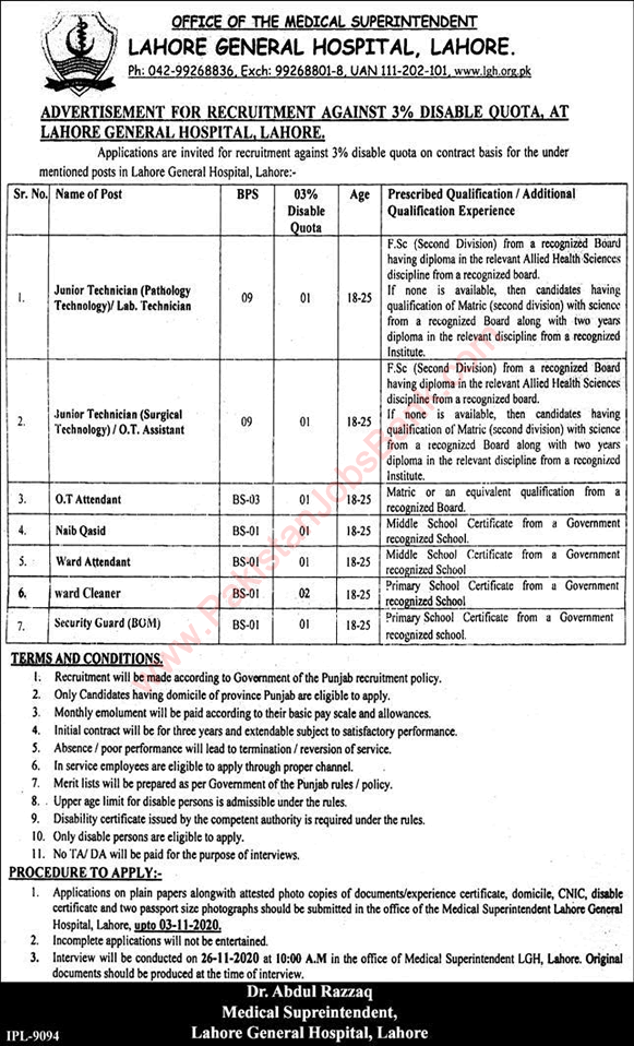 Lahore General Hospital Jobs 2020 October Disable Quota LGH Latest