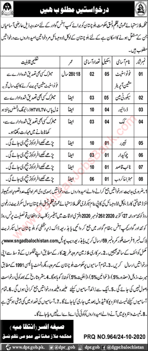Services and General Administration Department Balochistan Jobs October 2020 S&GAD Latest