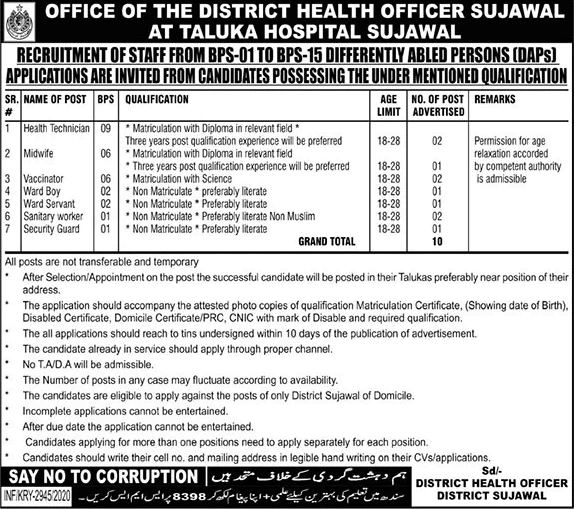District Health Authority Sujawal Jobs 2020 October / November Taluka Hospital Disabled Quota Latest
