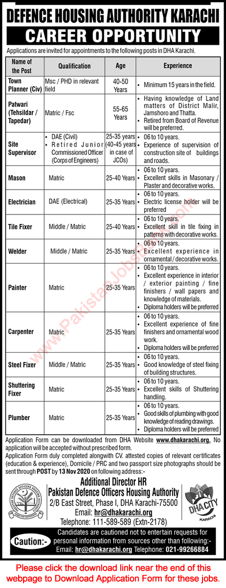 DHA Karachi Jobs 2020 November Application Form Defence Housing Authority Latest