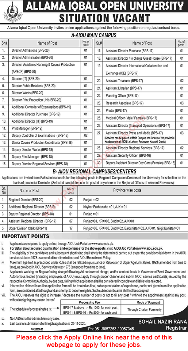 AIOU Jobs November 2020 Apply Online Assistant Directors, Clerks & Others Allama Iqbal Open University Latest