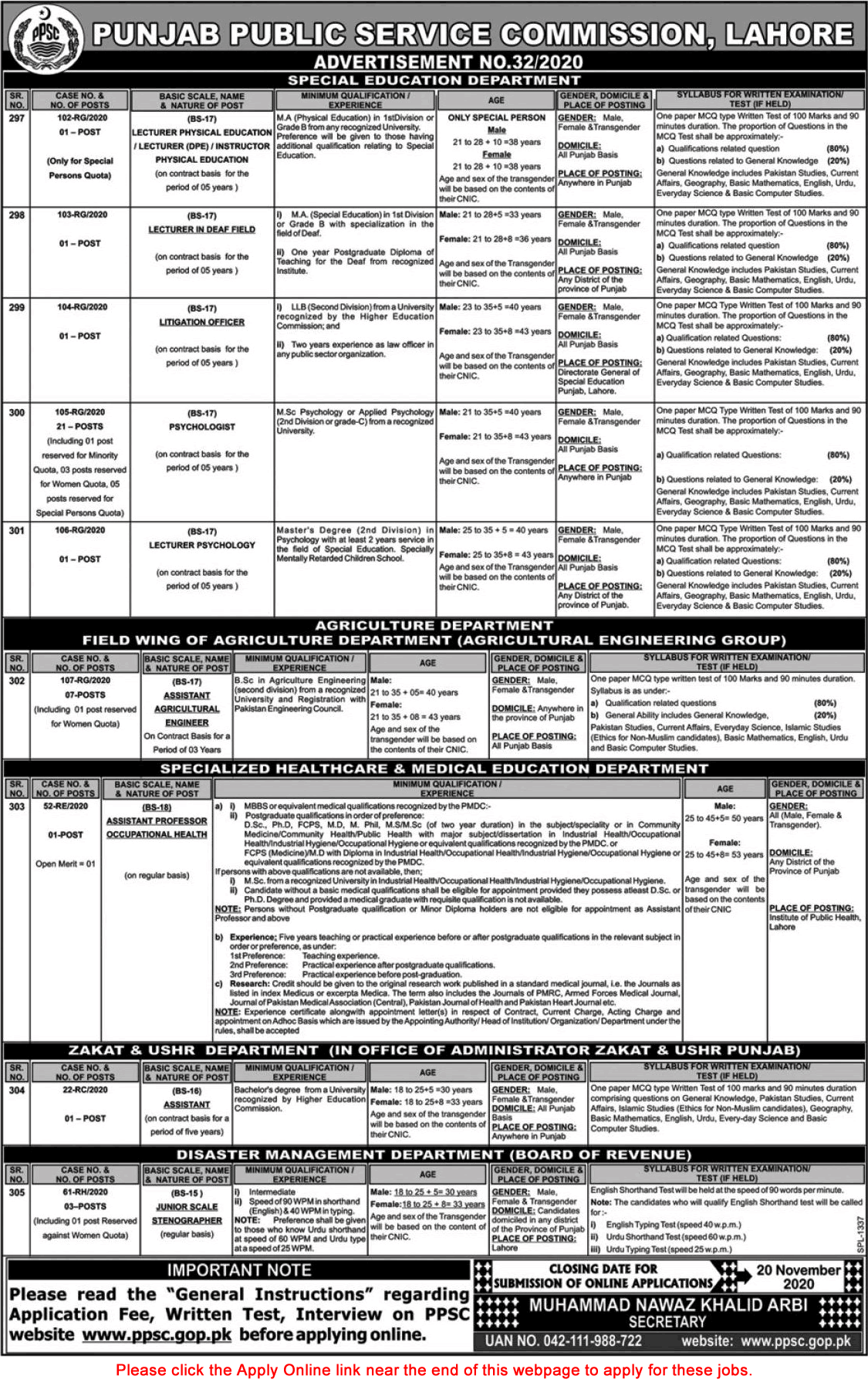 PPSC Jobs November 2020 Apply Online Consolidated Advertisement No 32/2020 Latest