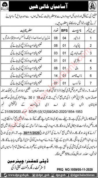 Deputy Commissioner Office Duki Jobs November 2020 Dukki Balochistan Latest