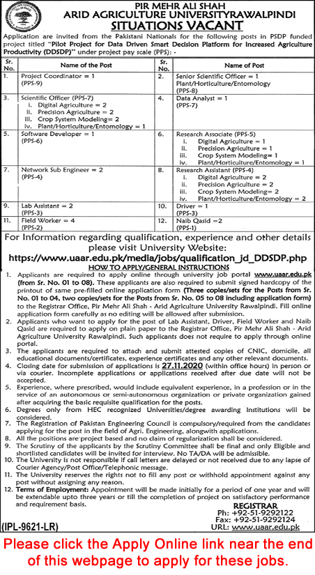 Arid Agriculture University Rawalpindi Jobs November 2020 Apply Online PMAS AAUR Latest