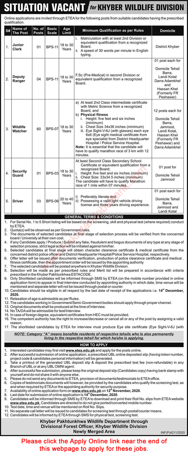 Wildlife Department KPK Jobs November 2020 ETEA Apply Online Wildlife Watchers & Others Latest