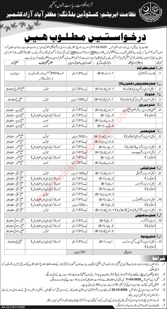 Sericulture Department AJK Jobs November 2020 Nizamat Abresham / Silk Latest