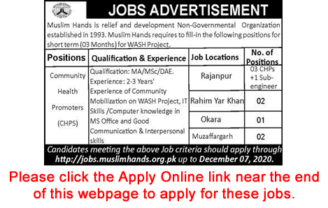 Muslim Hands Punjab Jobs November 2020 Apply Online Community Health Promoters & Sub Engineers Latest