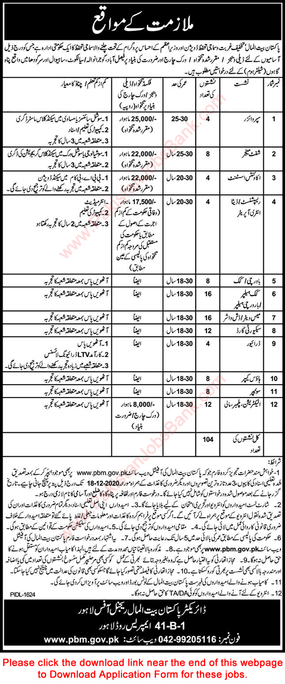 Pakistan Bait ul Mal Jobs December 2020 Application Form Cooks, Waiters, Security Guards & Others Latest