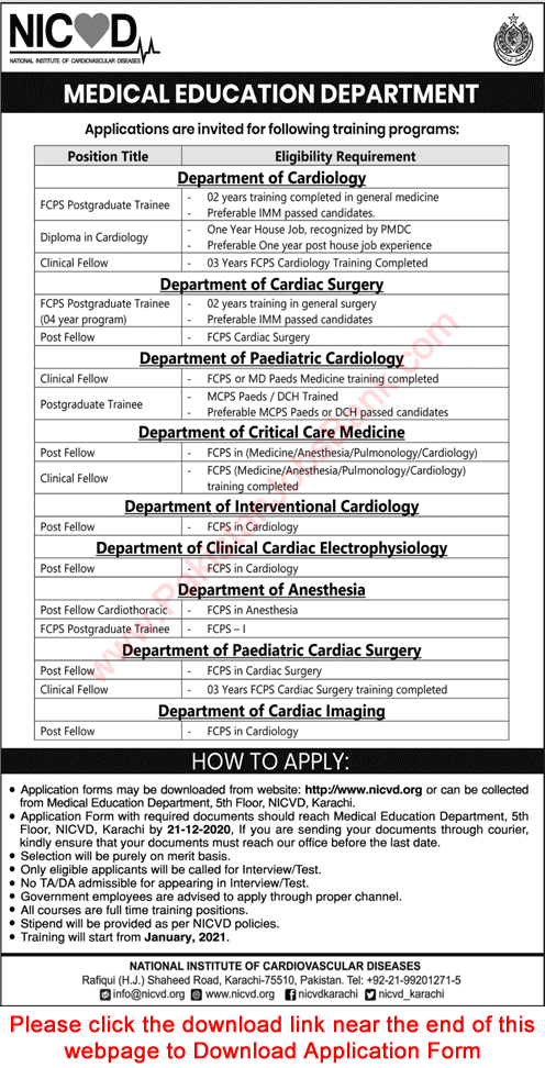 NICVD Fellowship Training Program December 2020 Application Form National Institute of Cardiovascular Diseases Latest