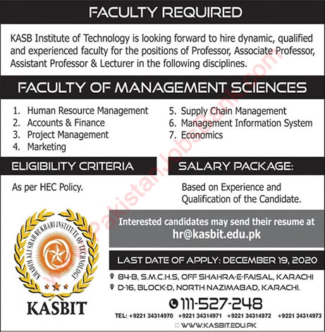 Teaching Faculty Jobs in KASB Institute of Technology Karachi 2020 December Latest