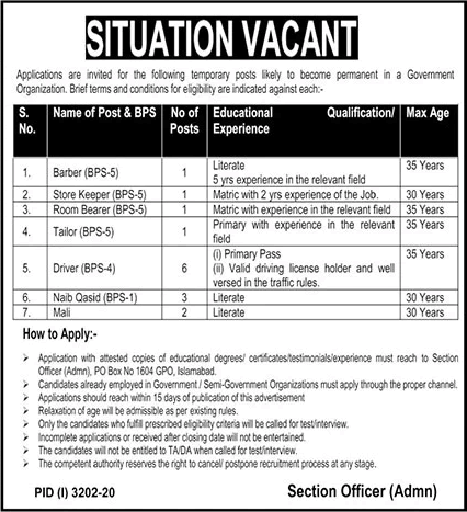 PO Box 1604 GPO Islamabad Jobs 2020 December Drivers & Others Public Sector Organization Latest