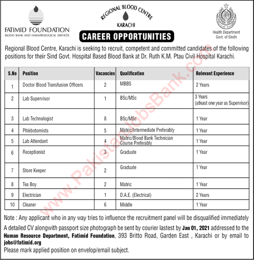 Regional Blood Centre Karachi Jobs December 2020 Dr. Ruth KM Pfau Civil Hospital Blood Bank Fatimid Foundation Latest