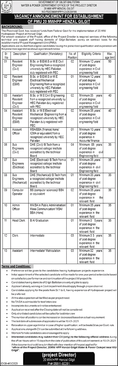 Water and Power Department Gilgit Baltistan Jobs December 2020 Resident / Sub Engineers & Others Latest