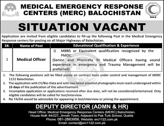 Medical Officer Jobs in MERC Balochistan December 2020 Medical Emergency Response Centers Rescue 1122 Latest