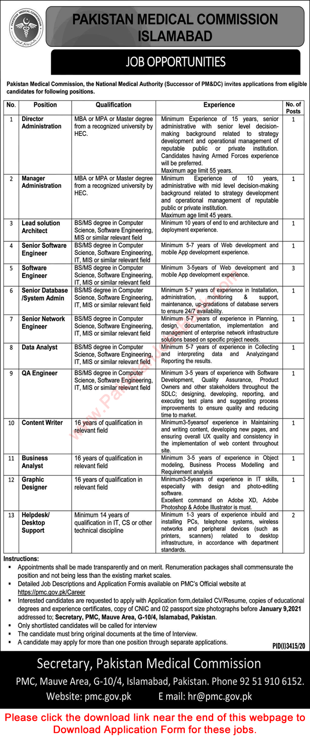 Pakistan Medical Commission Islamabad Jobs December 2020 / 2021 PMC Application Form Software Engineers & Others Latest