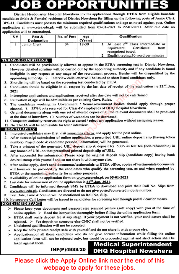 Clerk Jobs in DHQ Hospital Nowshera December 2020 / 2021 ETEA Apply Online Latest