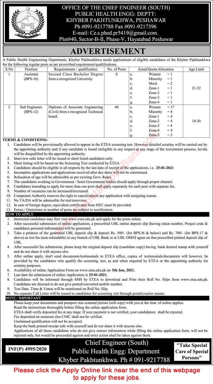 Public Health Engineering Department KPK Jobs 2021 ETEA Apply Online Sub / Civil Engineers & Assistants Latest