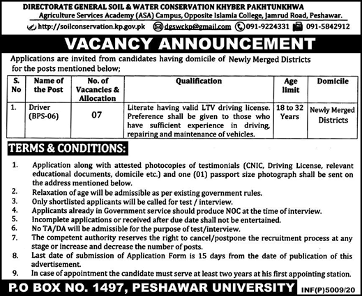 Driver Jobs in Directorate General Soil and Water Conservation KPK 2021 ASA Latest